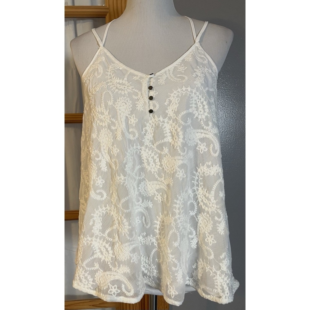 Maurices Paisley Embroidery Tank Top Cami Sz S White Strappy Buttons Club City